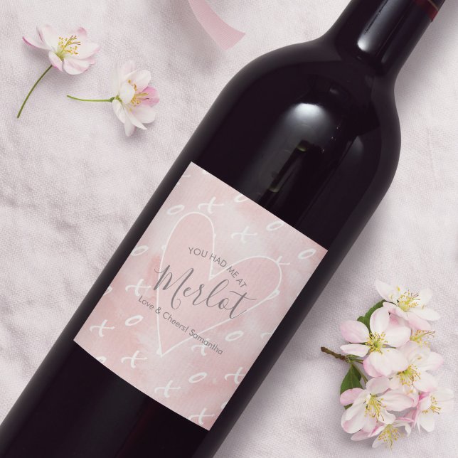 Witty Valentine's Day Wine Gifts Wine Label (Valentines gift ideas for her unique heart and xo design on a pink watercolor background)