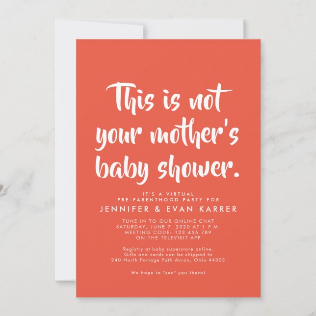 Witty virtual baby shower invitation in coral (Front)
