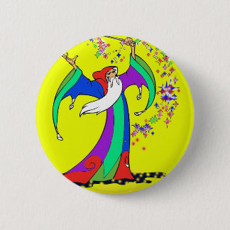 Wizard casting colourful spells with magic wand 6 cm round badge