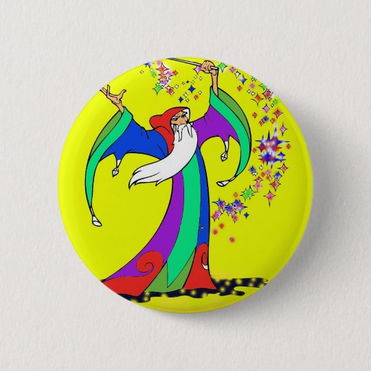 Wizard casting colourful spells with magic wand 6 cm round badge