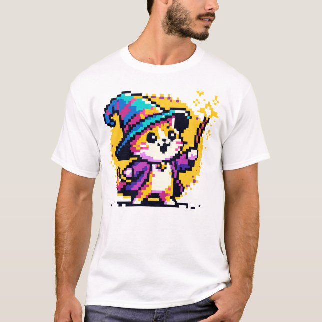 Wizard Cat - Magical Pixel Art Fantasy Design T-Shirt (Front)
