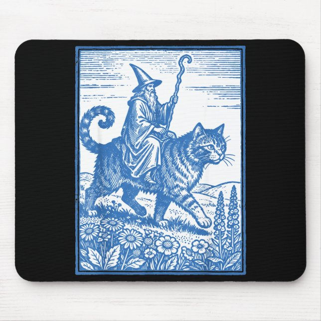 Wizard cat rider funny cute meme  mouse mat (Front)