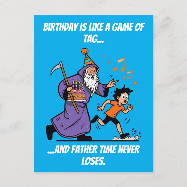 Wizard Chases Kid Funny Birthday Tag Gag Postcard (Front)