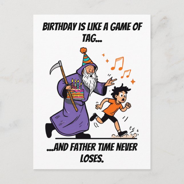 Wizard Chases Kid Funny Birthday Tag Gag Postcard (Front)