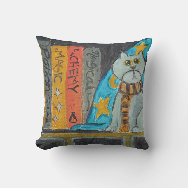 Wizard Folk Art Magical Epic Fun Cat Painting Cushion (Front)