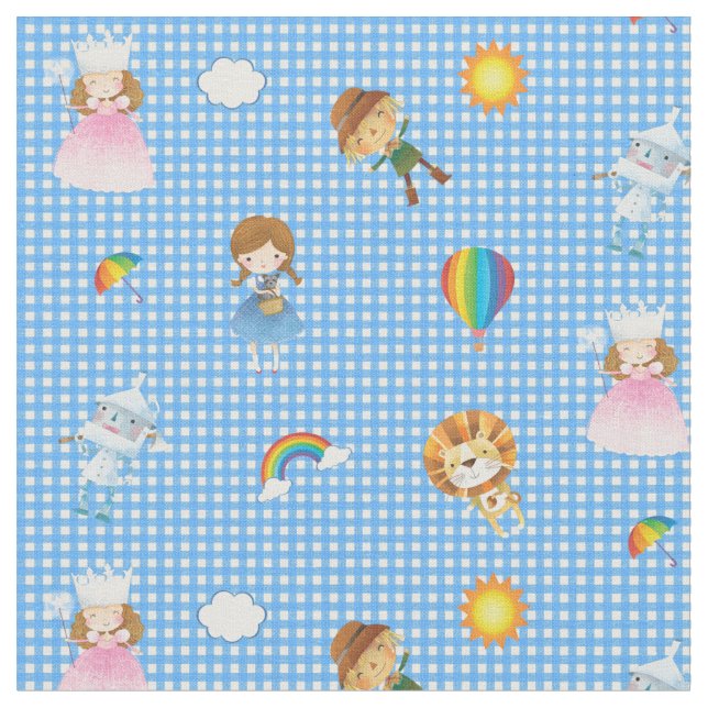 Wizard of Oz Characters on Blue and White Gingham Fabric (Close Up)