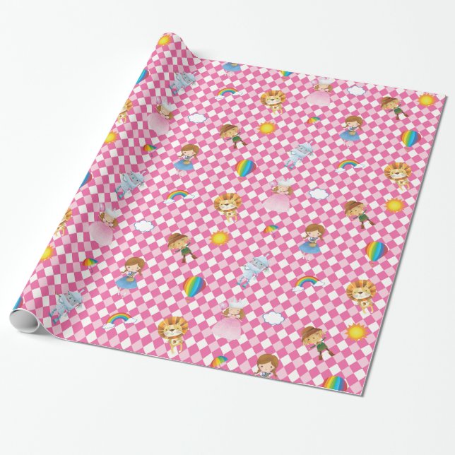 Wizard of Oz Characters on Pink/White Harlequin Wrapping Paper (Unrolled)