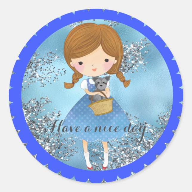 Wizard of Oz Dorothy/Toto on Blue Silver Glitter Classic Round Sticker (Front)