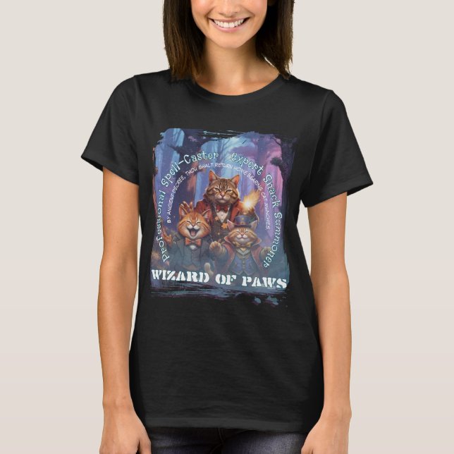 Wizard of Paws Fantasy Wizard Cat Design T-Shirt (Front)