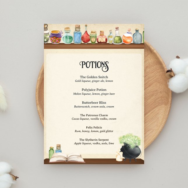 Wizard Party Drinks Menu Potions Bar Menu Poster (Wizard Party Bar Menu for Wizard School Party)