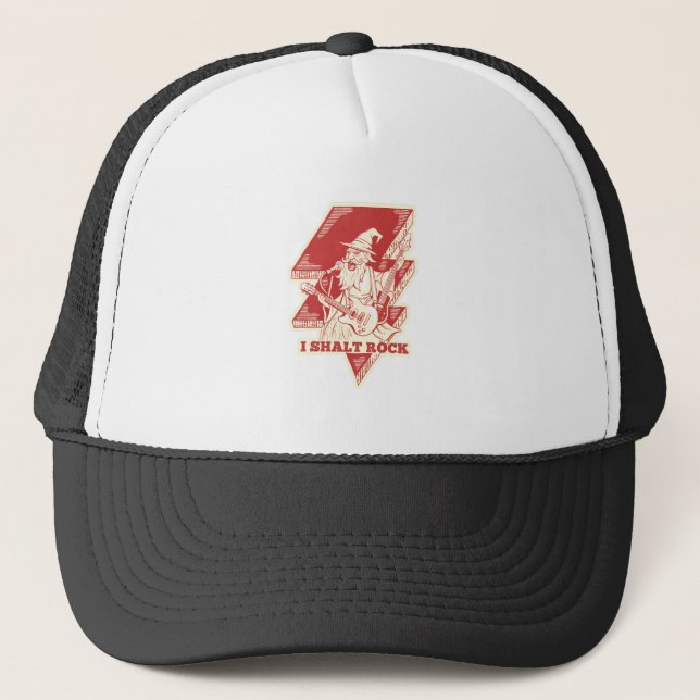 Wizard playing guitar trucker hat (Front)