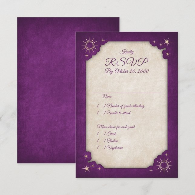 Wizard Purple Stars Owl Magic Wedding RSVP Card (Front/Back)