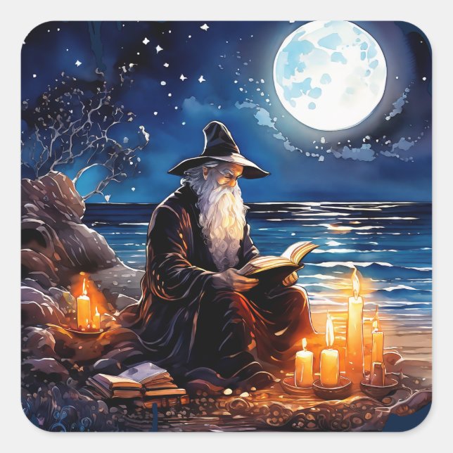 Wizard reading a Book - Wicca Halloween 1 Square Sticker (Front)