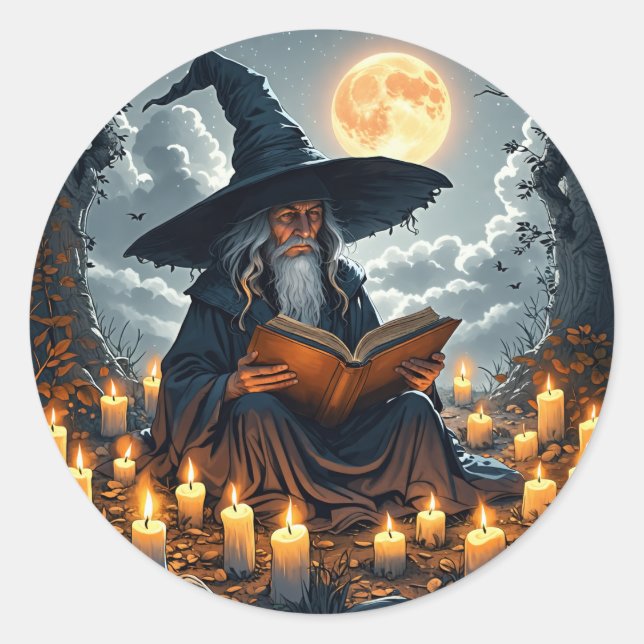 Wizard reading a Book - Wicca Halloween 2 Classic Round Sticker (Front)