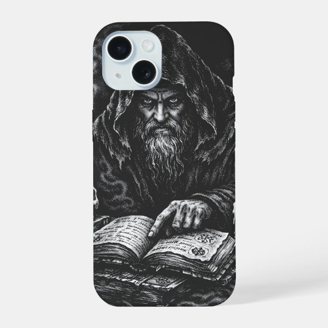 Wizard Studying the Grimoire — by BurnsInHell iPhone 15 Case (Back)