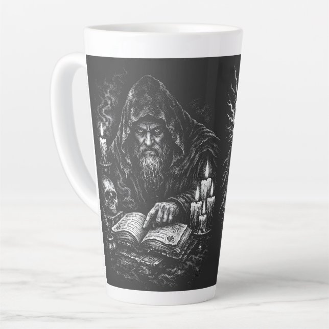 Wizard Studying the Grimoire — by BurnsInHell Latte Mug (Left Angle)