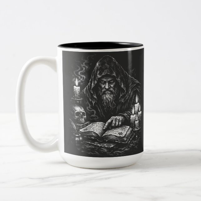Wizard Studying the Grimoire — by BurnsInHell Two-Tone Coffee Mug (Left)