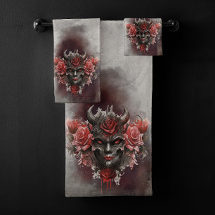 Wizardry   Dark Horned Demon with Glowing Red Eyes Bath Towel Set