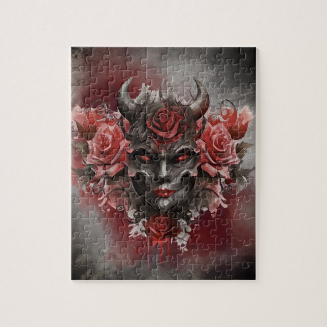 Wizardry | Dark Horned Demon with Glowing Red Eyes Jigsaw Puzzle (Vertical)