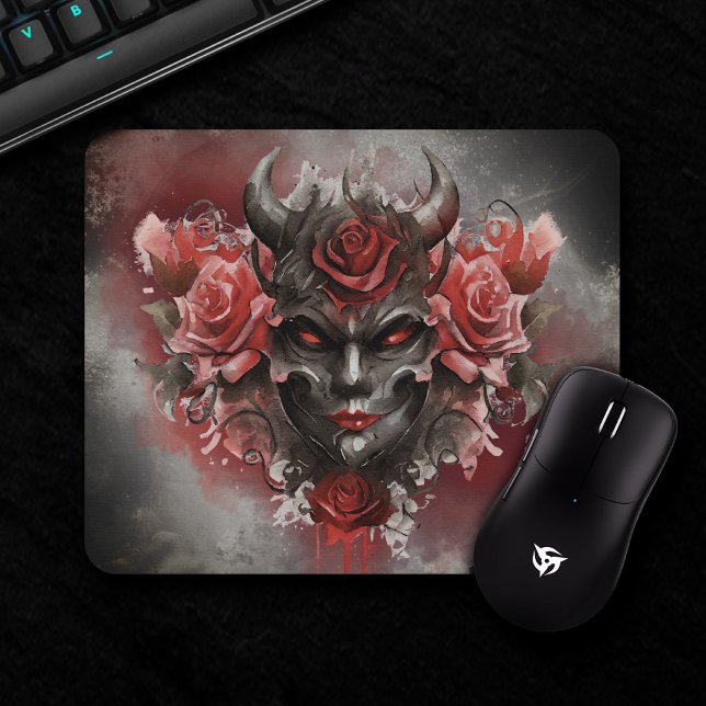 Wizardry | Dark Horned Demon with Glowing Red Eyes Mouse Mat (Creator Uploaded)