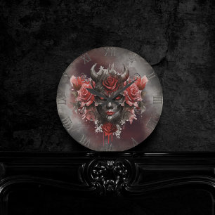 Wizardry   Dark Horned Demon with Glowing Red Eyes Round Clock