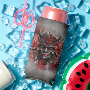 Wizardry   Dark Horned Demon with Glowing Red Eyes Seltzer Can Cooler