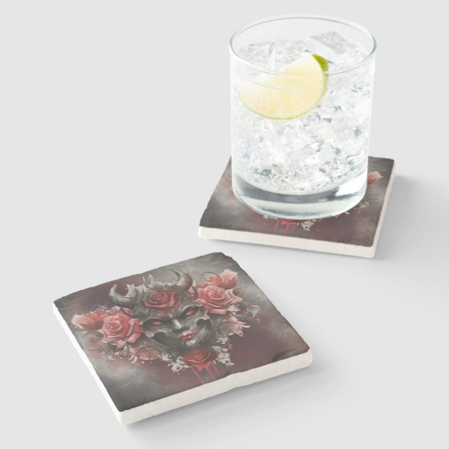 Wizardry | Dark Horned Demon with Glowing Red Eyes Stone Coaster (Side)