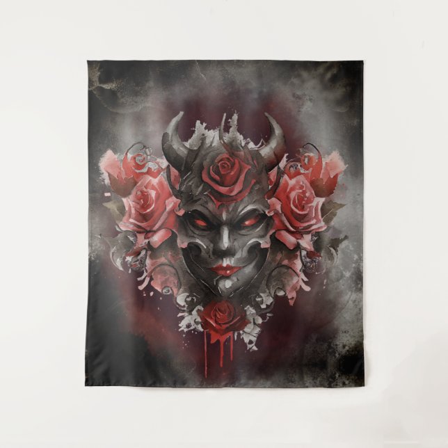 Wizardry | Dark Horned Demon with Glowing Red Eyes Tapestry (Front)