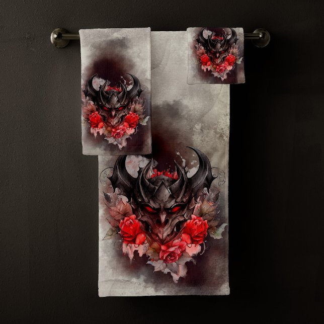 Wizardry | Red Eyed Smoky Demon Beast with Roses Bath Towel Set (Creator Uploaded)