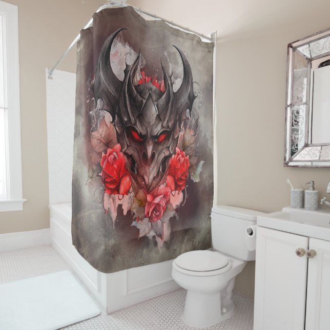 Wizardry | Red Eyed Smoky Demon Beast with Roses Shower Curtain (In Situ)