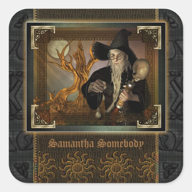 Wizards Magic Fantasy Illustration Bookplate Square Sticker (Front)