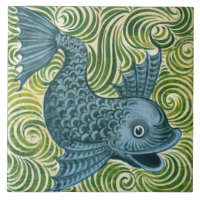 Wm De Morgan Blue Dolphin Tile (facing right)