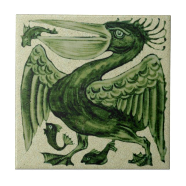 Wm De Morgan Green Pelican Repro Ceramic Tile (Front)