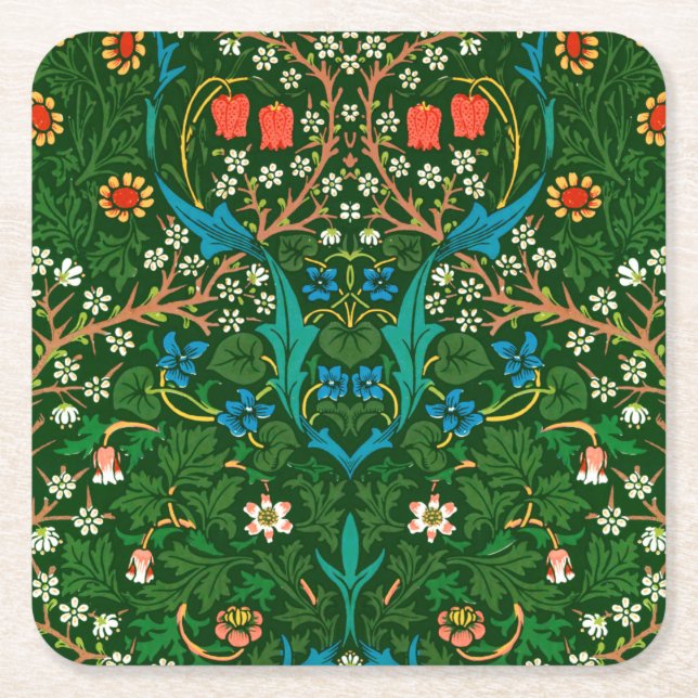 WM Morris Blackthorn Art Nouveau Pattern Square Paper Coaster (Front)