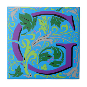 Wm Morris Ornate Letter "G" Initial Ceramic Tile  