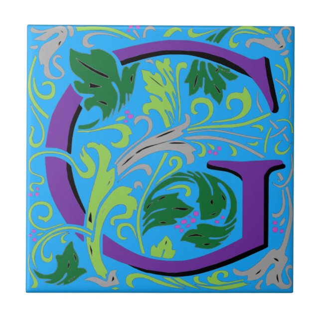 Wm Morris Ornate Letter "G" Initial Ceramic Tile   (Front)