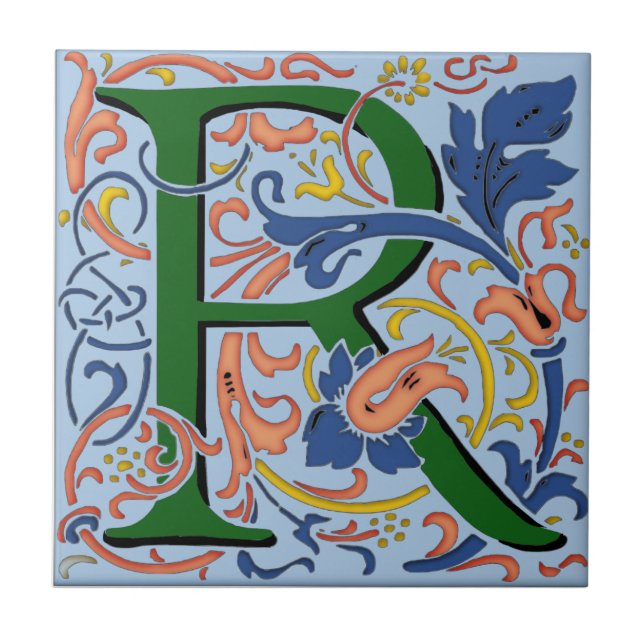 Wm Morris Ornate Letter "R" Initial Ceramic Tile   (Front)