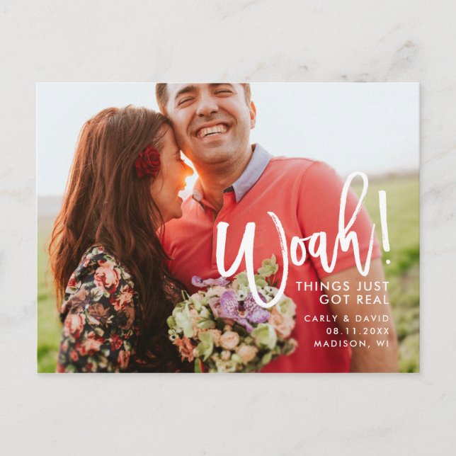 Woah! Hand Lettered Fun Brush Script Save the Date Announcement Postcard (Front)