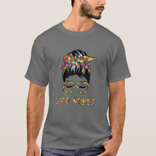 WOC Nurse Messy Bun Autism Love Heart Stethoscope T-Shirt