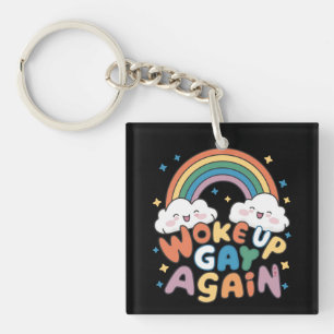 Woke Up Gay Again LGBT Pride Month Groovy  Key Ring
