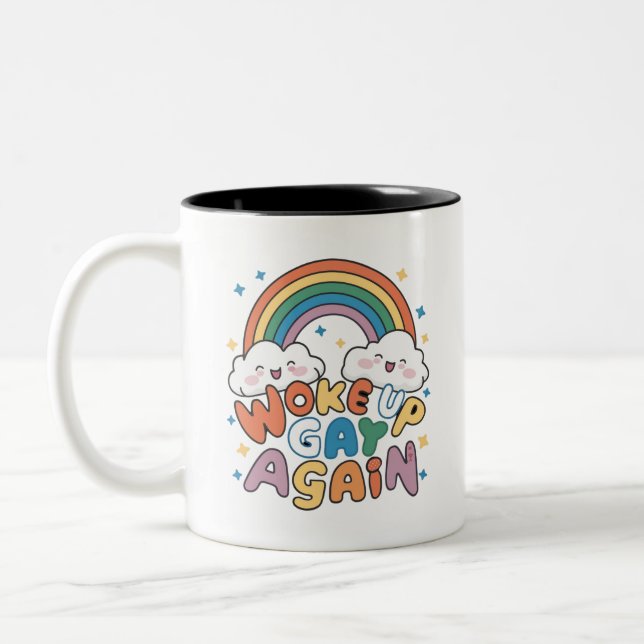 Woke Up Gay Again LGBT Pride Month Groovy  Two-Tone Coffee Mug (Left)