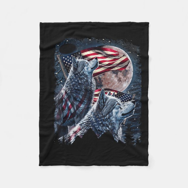 Wolf 4th Of July American Flag Howling Wolves Unde Fleece Blanket (Front)