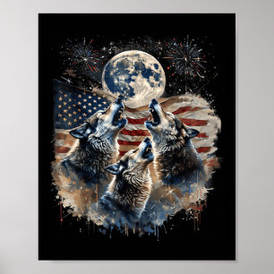 Wolf 4th Of July Howling Wolves Under Moon America Poster