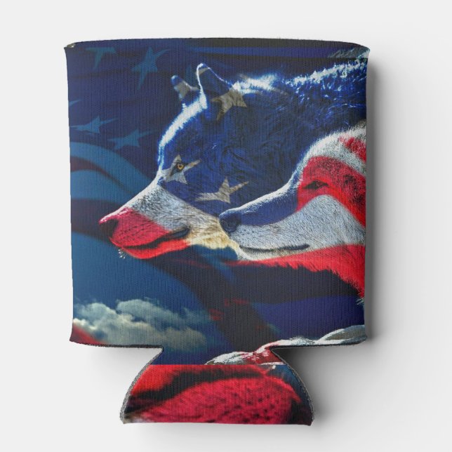 Wolf American Flag Full Moon Can Cooler (Back)