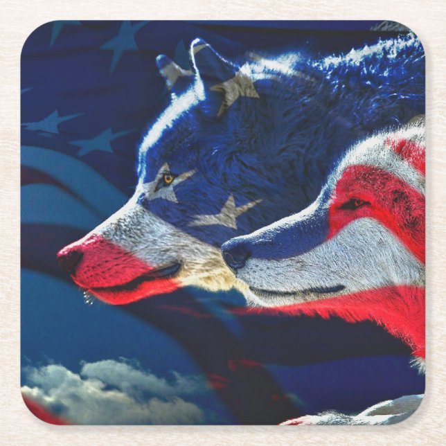 Wolf American Flag Full Moon Square Paper Coaster (Front)