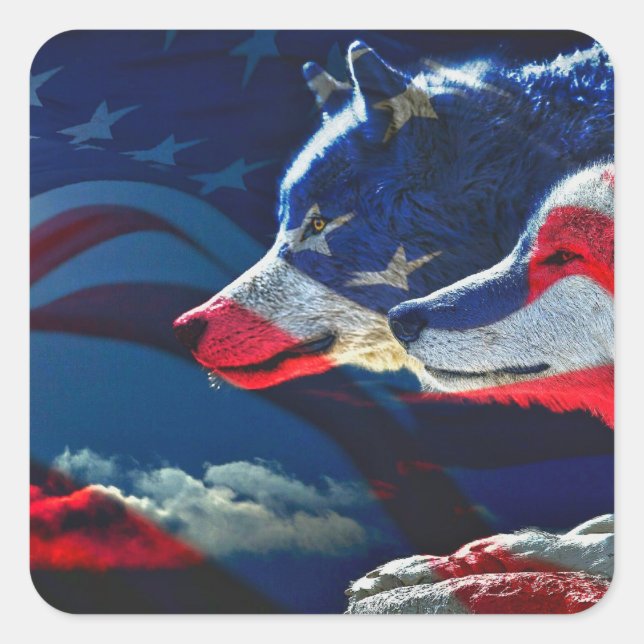 Wolf American Flag Full Moon Square Sticker (Front)
