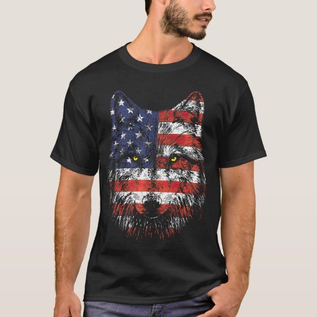 Wolf American Flag USA T-Shirt (Front)