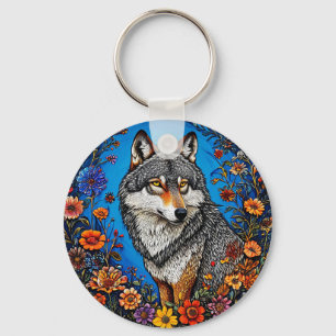 Wolf Amid Vibrant Flowers Key Ring
