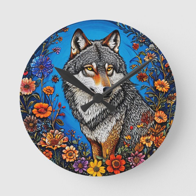Wolf Amid Vibrant Flowers Round Clock (Front)