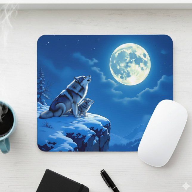 Wolf and Baby Cub Howling at Full Moon Mouse Mat (Creator Uploaded)
